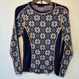 Navy Snowflake 100% Superfine Merino Wool Long-Sleeve Top Size S